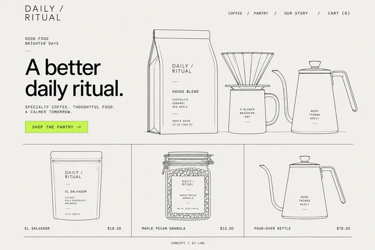 Technical line drawing of coffee concept — Script & Theory concept illustration