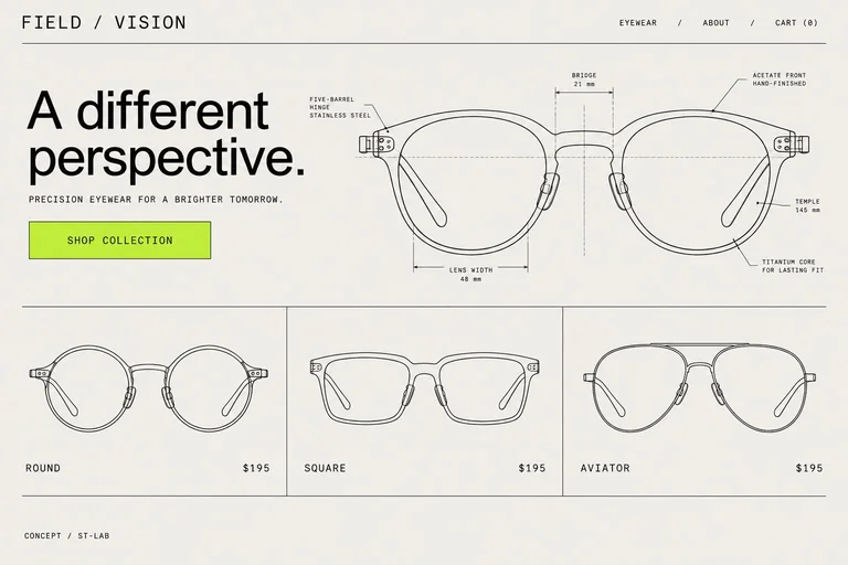 Technical line drawing of eyewear concept — Script & Theory concept illustration