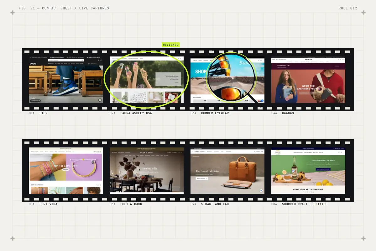 Contact sheet of live client storefront screenshots with a magnifying loupe.