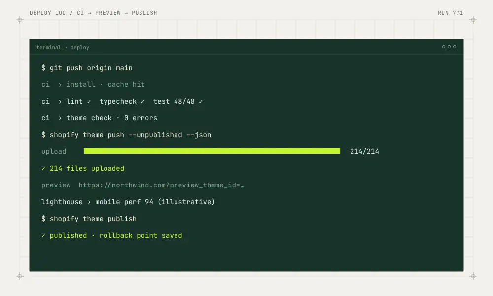 CI checks, an unpublished preview upload and a publish with a rollback point.