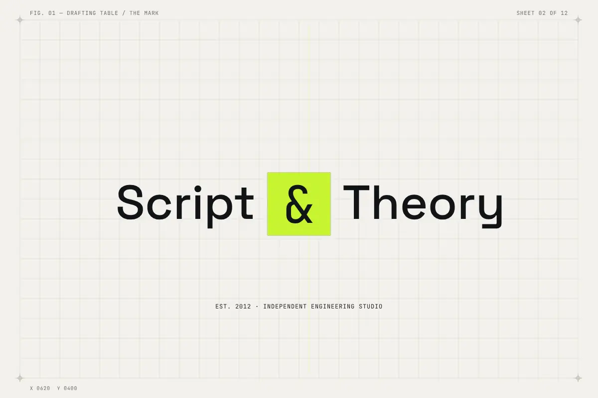 Construction drawing of the Script & Theory ampersand mark.