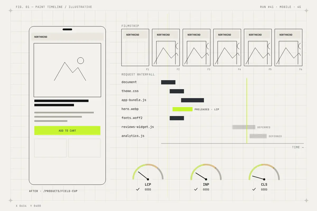 Paint timeline: a slow, shifting page is optimised until LCP, INP and CLS reach the good range. Illustrative.