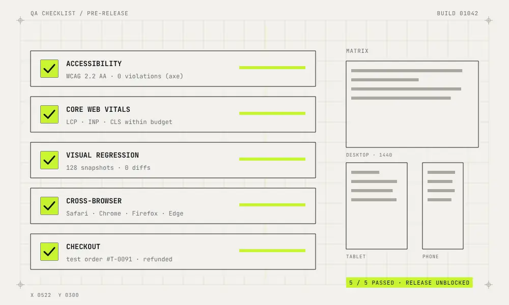 Accessibility, Core Web Vitals, regression, cross-browser and checkout checks pass before release.