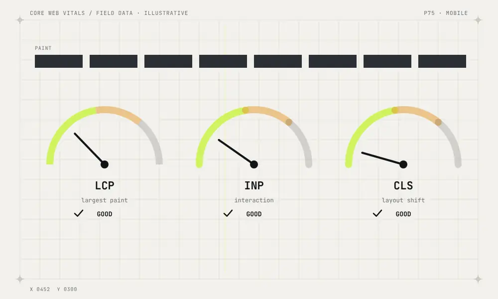 LCP, INP and CLS readings move into the good range. Illustrative.