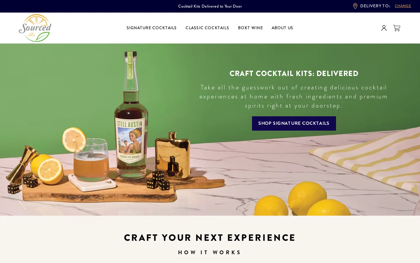 Sourced Craft Cocktails — actual live website homepage